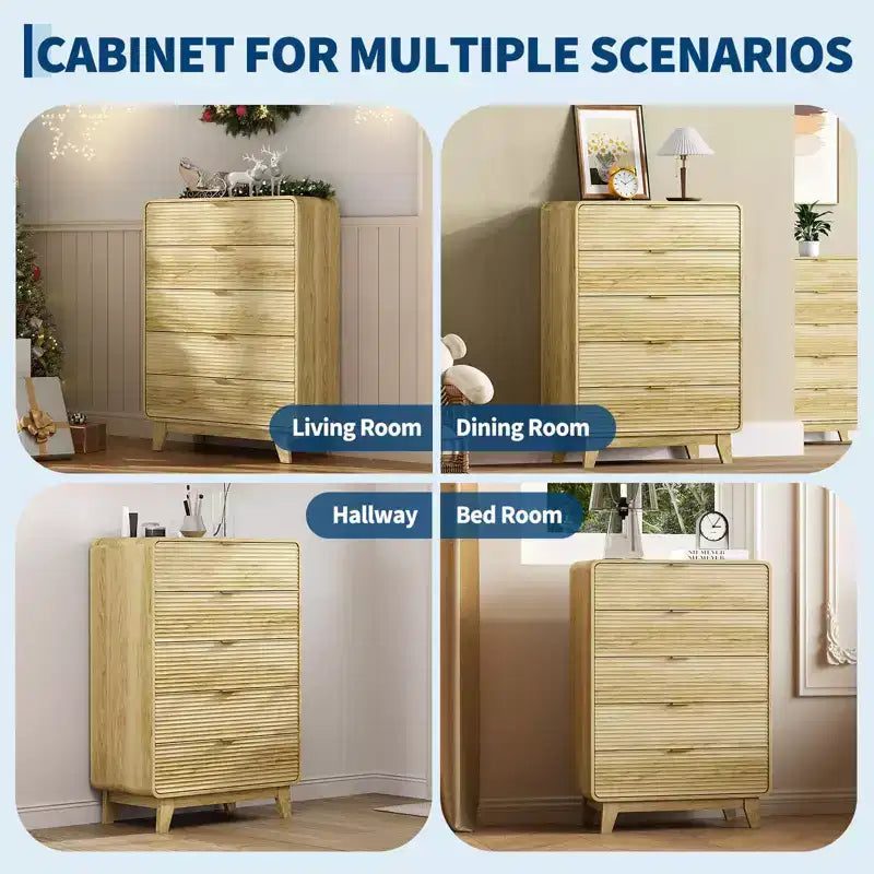 Wood Dresser for Bedroom, Fluted 5 Drawer Dresser, Thickened Retro Chest of Drawers & Charging Station for Entryway, Kitchen, Hallway
