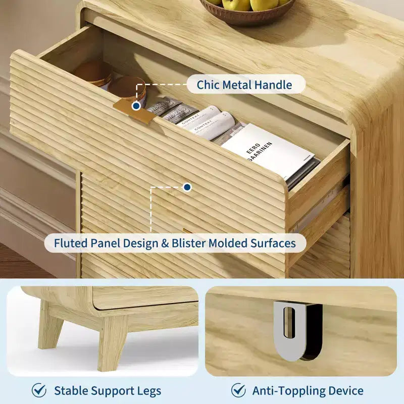 Wood Dresser for Bedroom, Fluted 5 Drawer Dresser, Thickened Retro Chest of Drawers & Charging Station for Entryway, Kitchen, Hallway