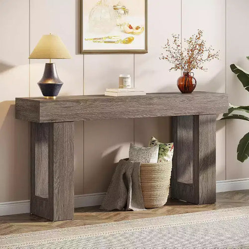 160 cm Long Table, Wooden Rectangular Sofa Table Behind Couch, Entryway Table for Hallway, Living Room, Grey