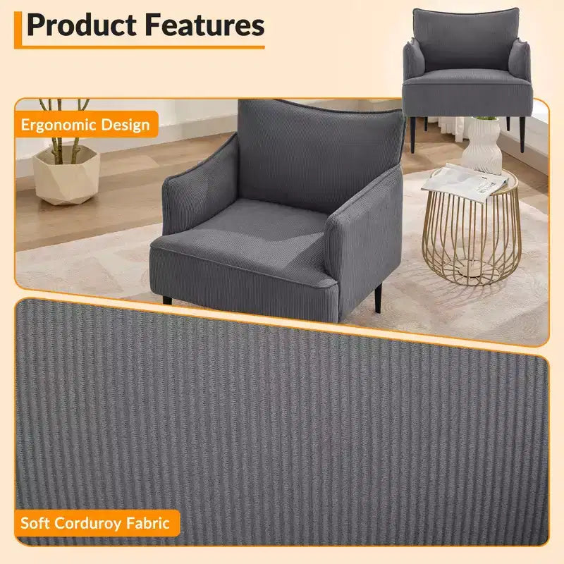 Chair, Modern Corduroy Fabric Armchair with Soft Padded Armrest, 300 Lbs Capacity Sofa Chair with Tapered Metal Legs for Living Room, Bedroom