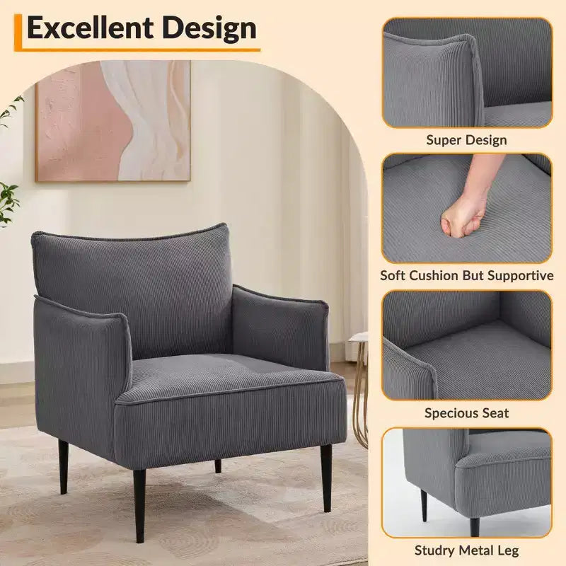 Chair, Modern Corduroy Fabric Armchair with Soft Padded Armrest, 300 Lbs Capacity Sofa Chair with Tapered Metal Legs for Living Room, Bedroom