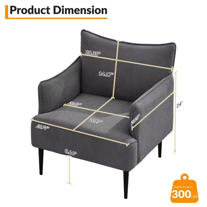 Chair, Modern Corduroy Fabric Armchair with Soft Padded Armrest, 300 Lbs Capacity Sofa Chair with Tapered Metal Legs for Living Room, Bedroom