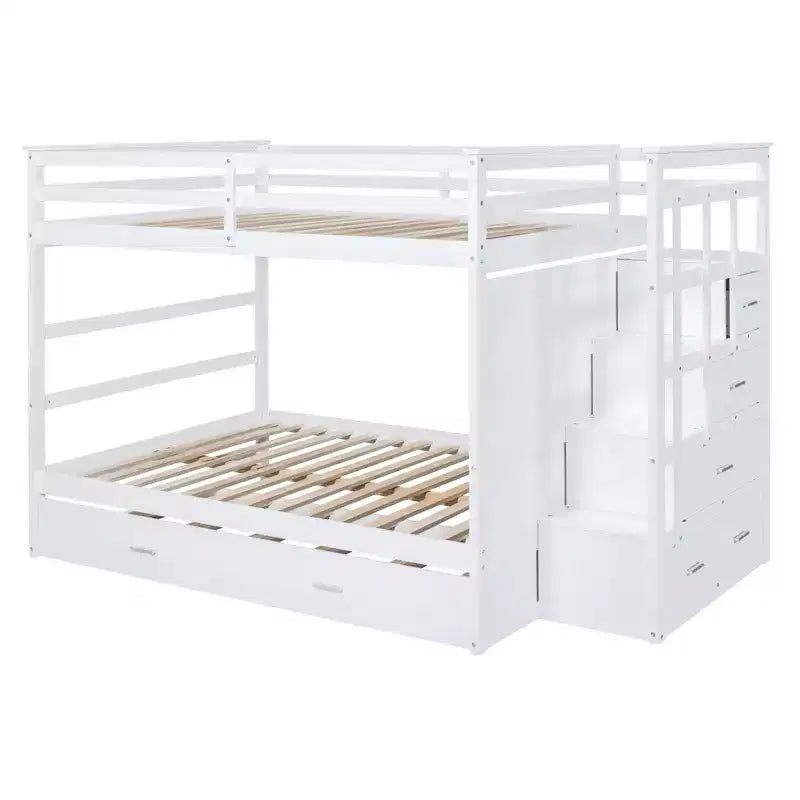 Full Over Full Bunk Bed with Storage Stairs and Trundle