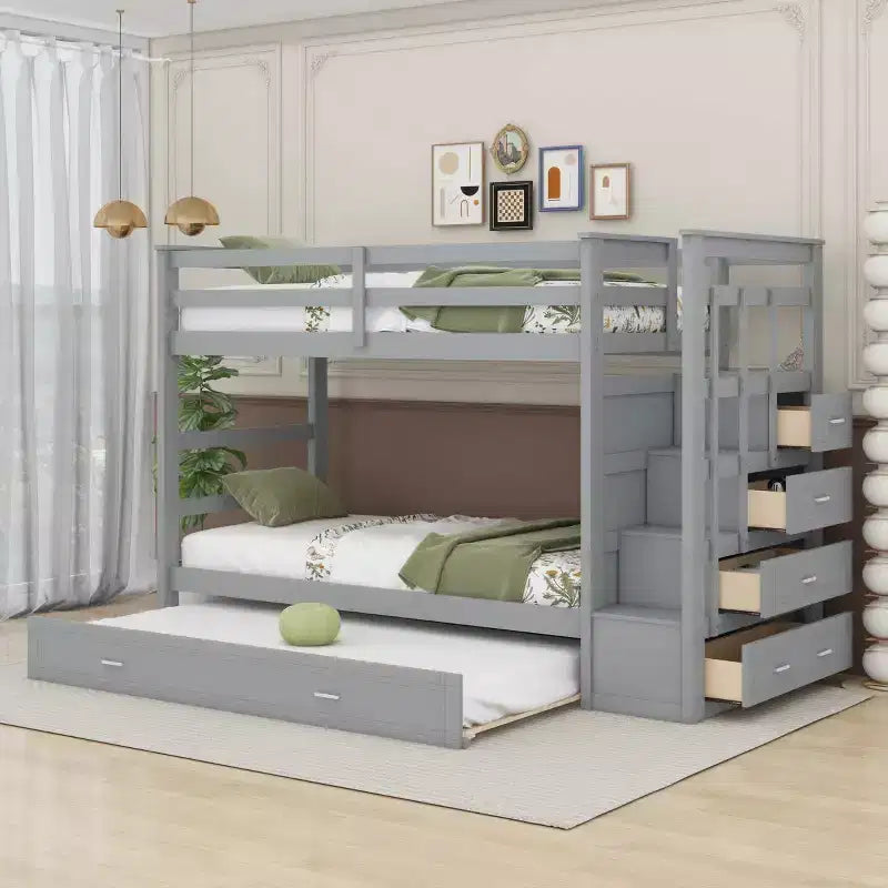 Full Over Full Bunk Bed with Storage Stairs and Trundle