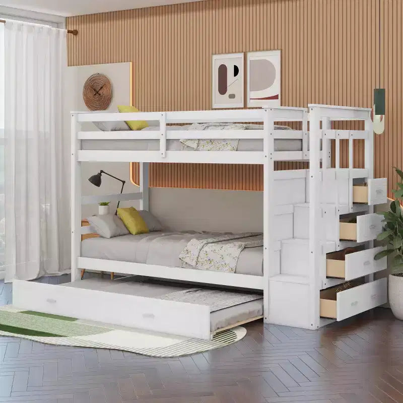 Full Over Full Bunk Bed with Storage Stairs and Trundle