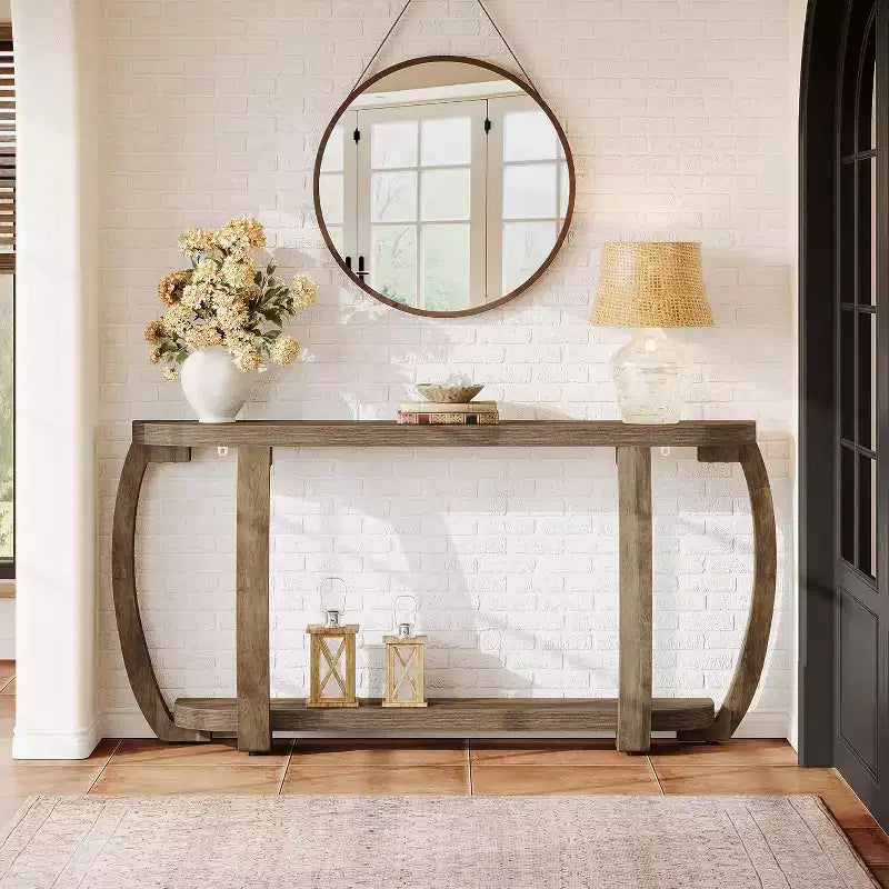 Tavolo in legno con ripiano aperto, tavolo da ingresso da divano lungo 160 cm con gambe curve per soggiorno, corridoio, ingresso