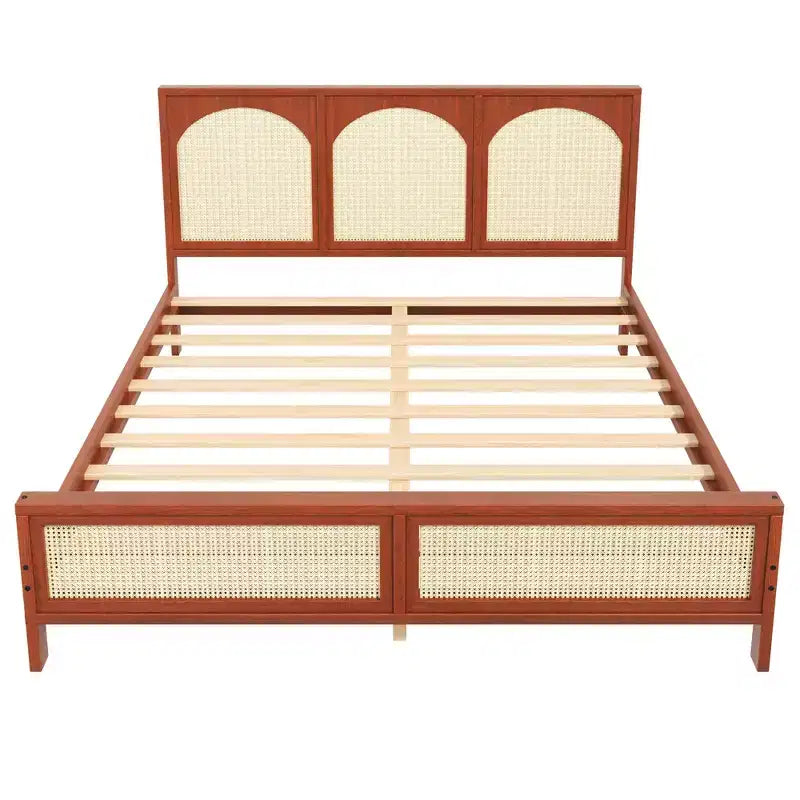 Size Wood Platform Bed with Rattan Headboard & Footboard, Bed Frame with Support Legs