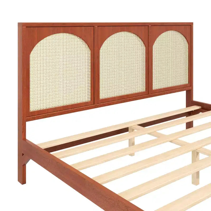 Size Wood Platform Bed with Rattan Headboard & Footboard, Bed Frame with Support Legs