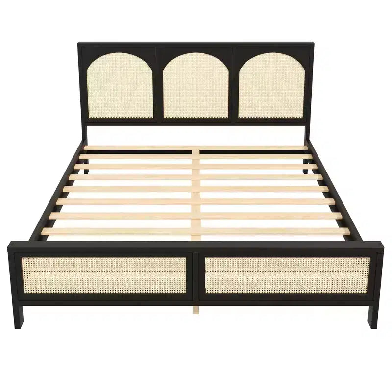 Size Wood Platform Bed with Rattan Headboard & Footboard, Bed Frame with Support Legs