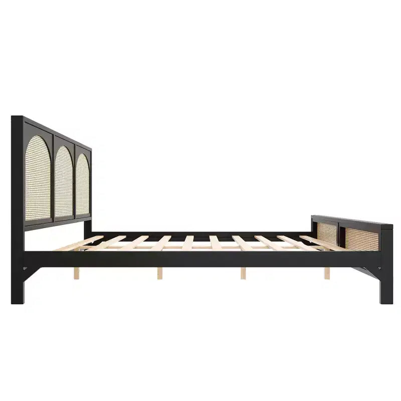 Size Wood Platform Bed with Rattan Headboard & Footboard, Bed Frame with Support Legs
