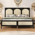 Wood Platform Bed with Rattan Headboard and Footboard, with Support Legs
