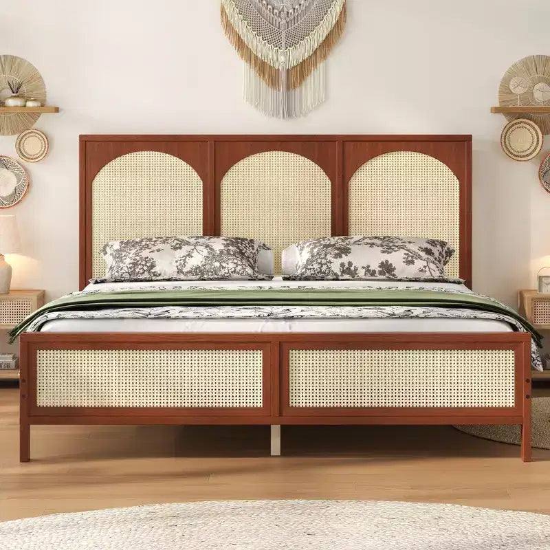 Size Wood Platform Bed with Rattan Headboard & Footboard, Bed Frame with Support Legs