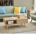 JVNOXK 41.34-inch Modern Rattan Coffee Table with Sliding Storage Door, Solid Wood Legs, Suitable for Living Room, Features Storage Space, Natural