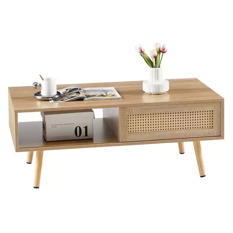 41.34-inch Modern Rattan Coffee Table with Sliding Storage Door, Wood Legs, Suitable for Living Room, Features Storage Space, Natural