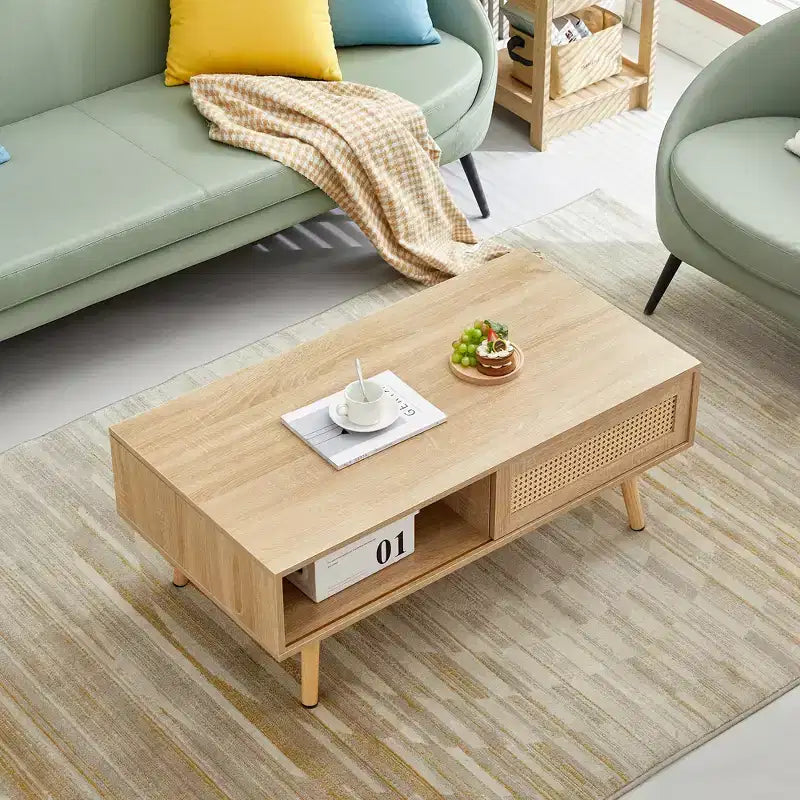 41.34-inch Modern Rattan Coffee Table with Sliding Storage Door, Wood Legs, Suitable for Living Room, Features Storage Space, Natural