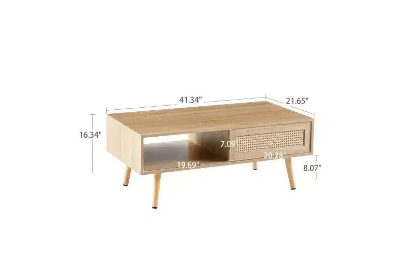 41.34-inch Modern Rattan Coffee Table with Sliding Storage Door, Wood Legs, Suitable for Living Room, Features Storage Space, Natural