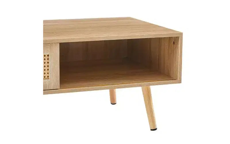 41.34-inch Modern Rattan Coffee Table with Sliding Storage Door, Wood Legs, Suitable for Living Room, Features Storage Space, Natural