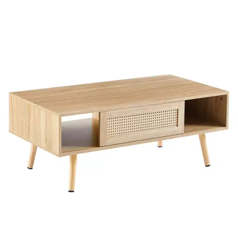 41.34-inch Modern Rattan Coffee Table with Sliding Storage Door, Wood Legs, Suitable for Living Room, Features Storage Space, Natural