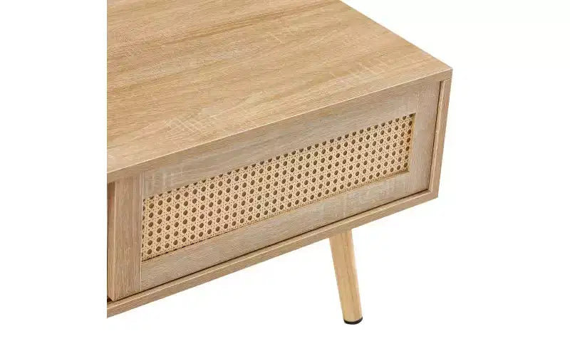 41.34-inch Modern Rattan Coffee Table with Sliding Storage Door, Wood Legs, Suitable for Living Room, Features Storage Space, Natural