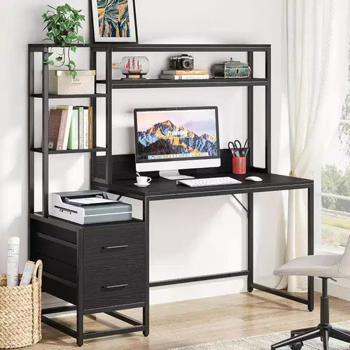 139.7 cm Computer Desk with 2 Drawers and Storage Shelves, Rustic Office Desk with Hutch for Home Office, Black Workstation