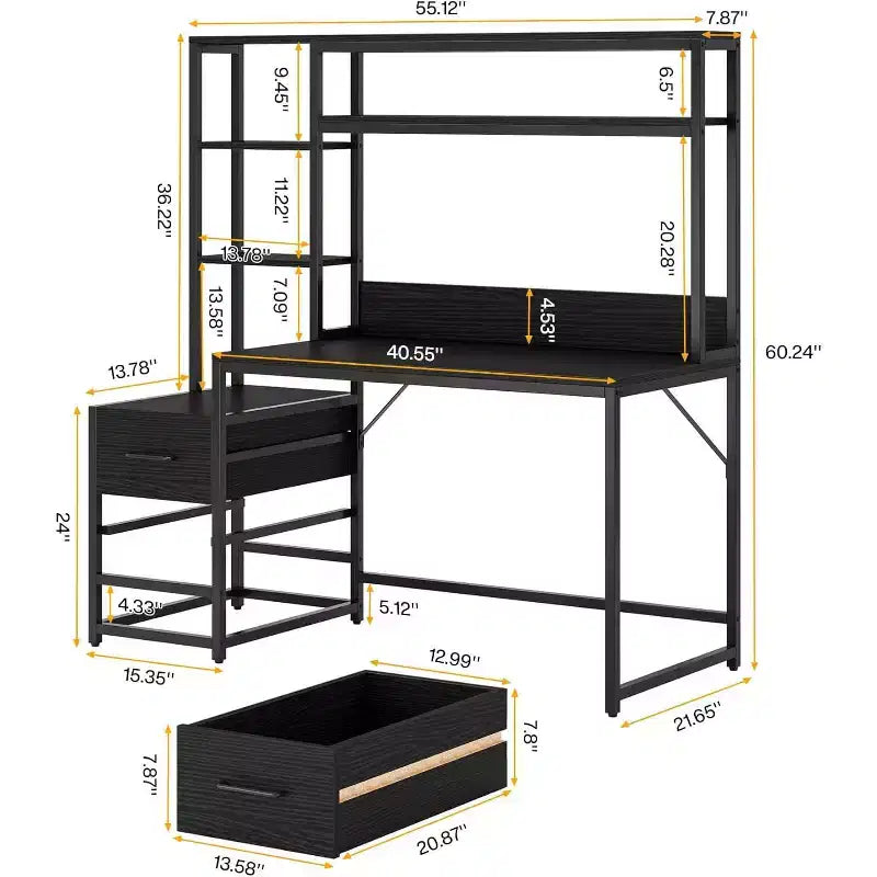 55-Inch Computer Desk with 2 Drawers and Storage Shelves, Rustic Office Desk with Hutch for Home Office, Black Workstation