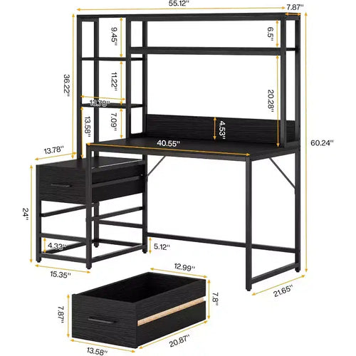 Scrivania per computer da 139,7 cm con 2 cassetti e ripiani portaoggetti, scrivania rustica con alzata per ufficio domestico, workstation nera