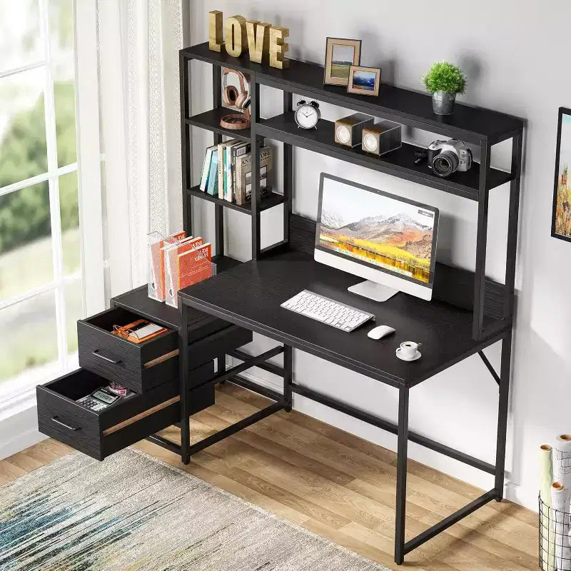55-Inch Computer Desk with 2 Drawers and Storage Shelves, Rustic Office Desk with Hutch for Home Office, Black Workstation