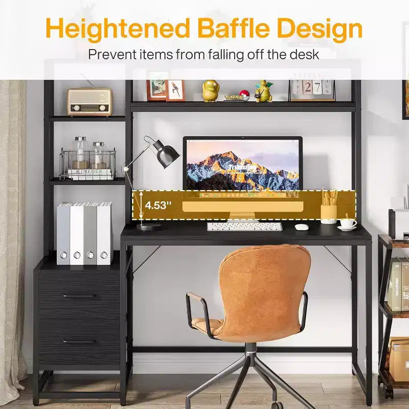 55-Inch Computer Desk with 2 Drawers and Storage Shelves, Rustic Office Desk with Hutch for Home Office, Black Workstation