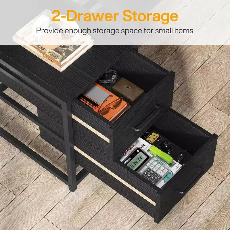 55-Inch Computer Desk with 2 Drawers and Storage Shelves, Rustic Office Desk with Hutch for Home Office, Black Workstation