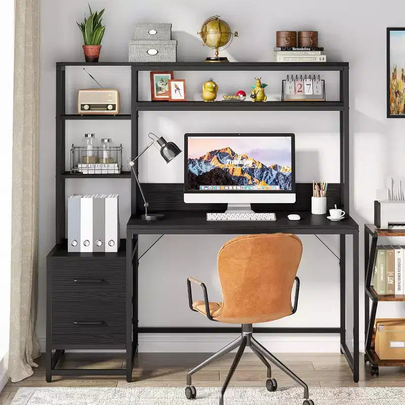55-Inch Computer Desk with 2 Drawers and Storage Shelves, Rustic Office Desk with Hutch for Home Office, Black Workstation