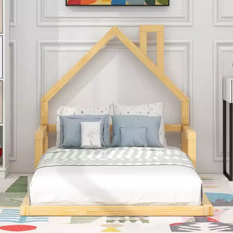 Wood Floor Bed with House-shaped Headboard