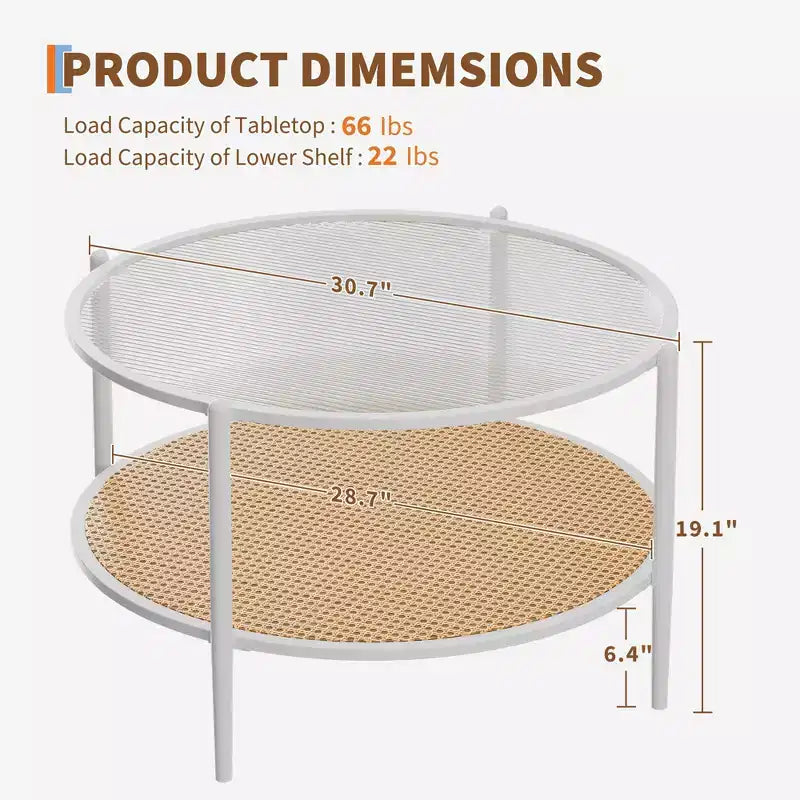 30 Round Rattan Coffee Table with Storage, 2-Tier Water-Wave Glass Center Table for Living Room, Modern Small Black Gold End Table