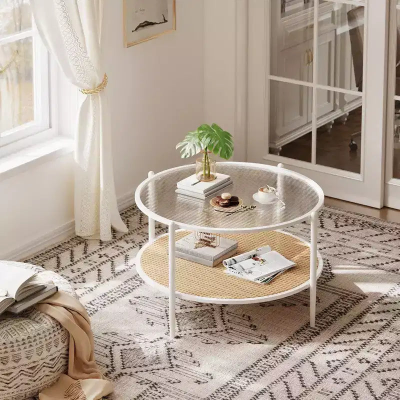 30 Round Rattan Coffee Table with Storage, 2-Tier Water-Wave Glass Center Table for Living Room, Modern Small Black Gold End Table