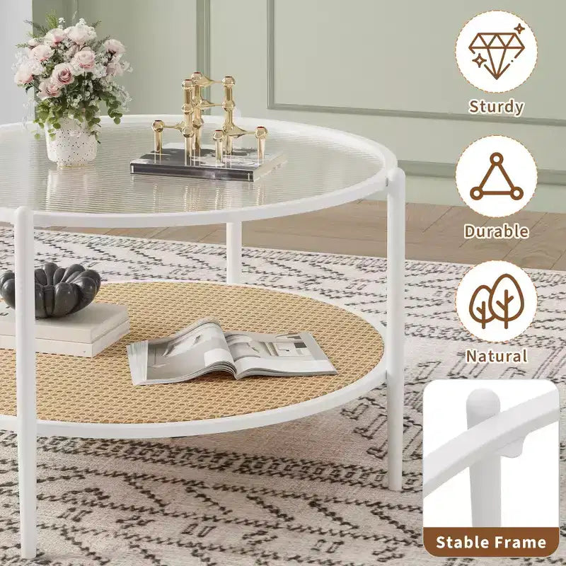 30 Round Rattan Coffee Table with Storage, 2-Tier Water-Wave Glass Center Table for Living Room, Modern Small Black Gold End Table
