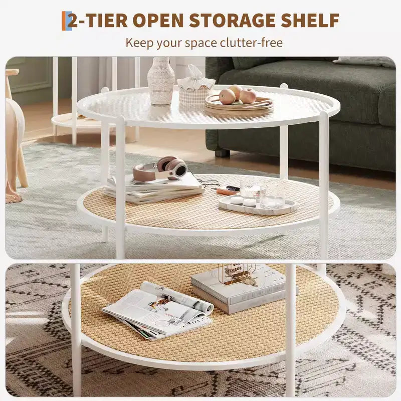 30 Round Rattan Coffee Table with Storage, 2-Tier Water-Wave Glass Center Table for Living Room, Modern Small Black Gold End Table