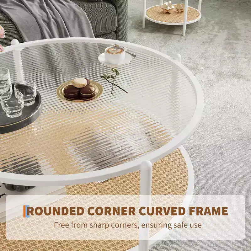 30 Round Rattan Coffee Table with Storage, 2-Tier Water-Wave Glass Center Table for Living Room, Modern Small Black Gold End Table