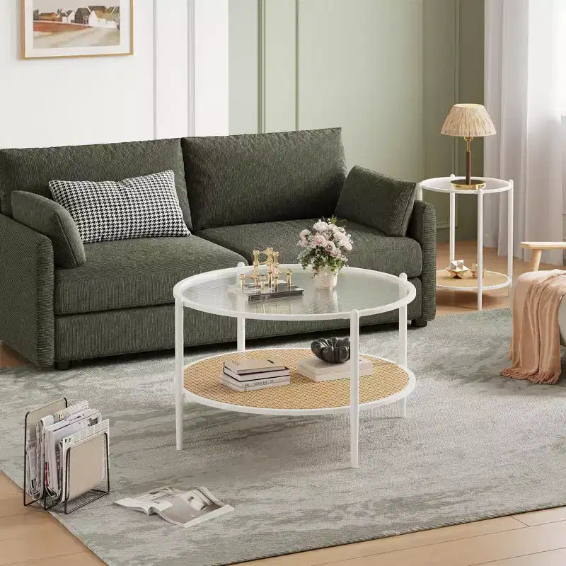 30 Round Rattan Coffee Table with Storage, 2-Tier Water-Wave Glass Center Table for Living Room, Modern Small Black Gold End Table