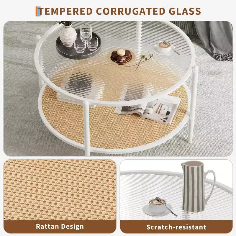 30 Round Rattan Coffee Table with Storage, 2-Tier Water-Wave Glass Center Table for Living Room, Modern Small Black Gold End Table
