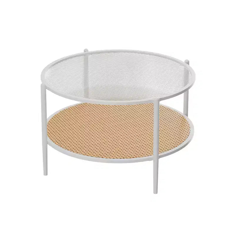30 Round Rattan Coffee Table with Storage, 2-Tier Water-Wave Glass Center Table for Living Room, Modern Small Black Gold End Table