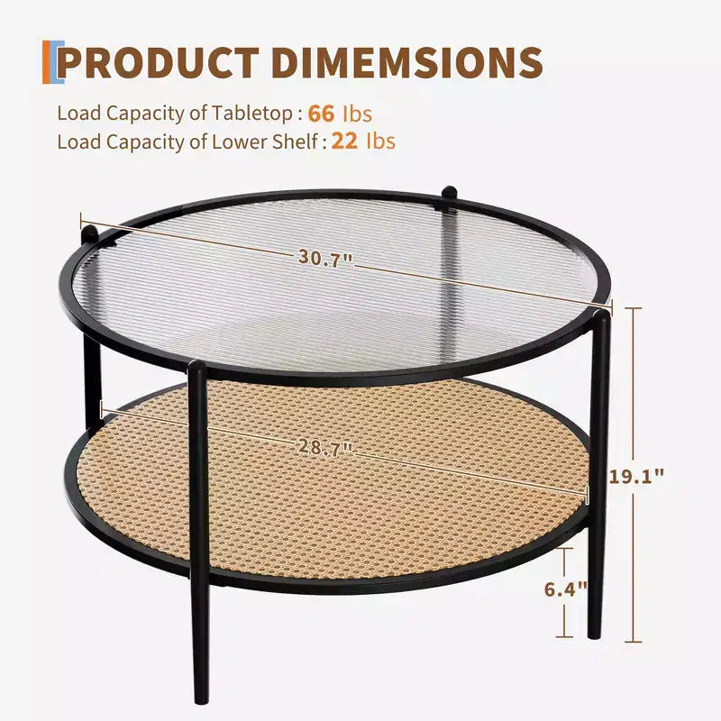 30 Round Rattan Coffee Table with Storage, 2-Tier Water-Wave Glass Center Table for Living Room, Modern Small Black Gold End Table