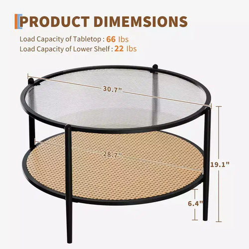 Tavolino da caffè rotondo in rattan da 30", con contenitore, tavolo centrale a 2 ripiani in vetro a onda d'acqua per soggiorno, tavolino laterale moderno piccolo nero oro