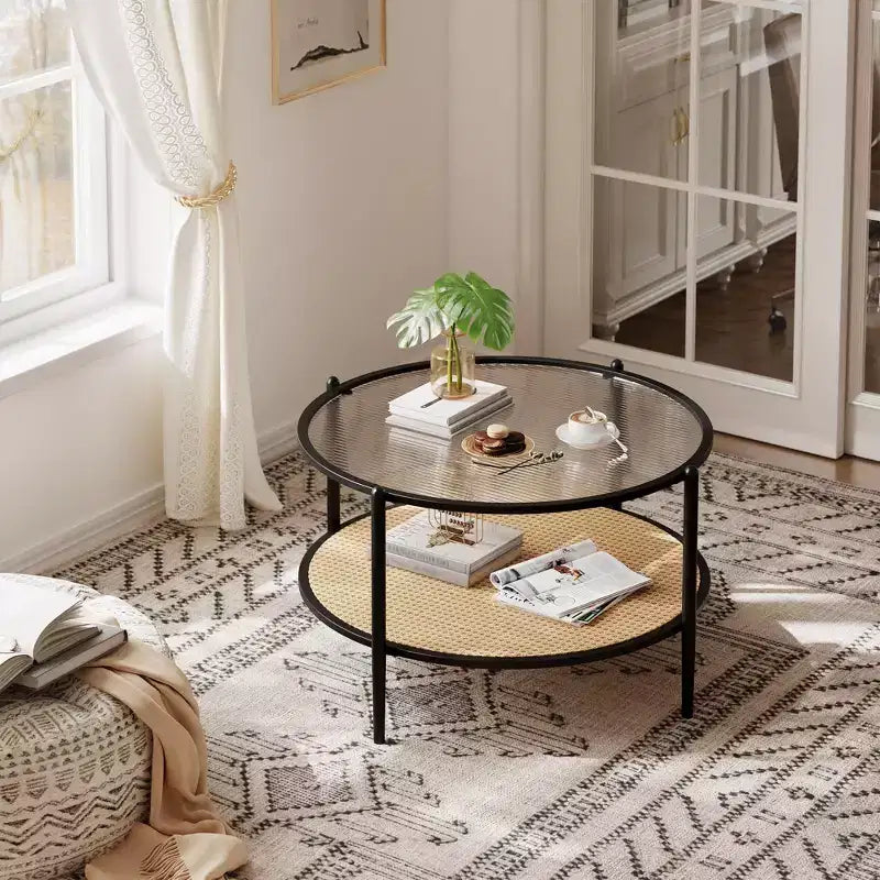 30 Round Rattan Coffee Table with Storage, 2-Tier Water-Wave Glass Center Table for Living Room, Modern Small Black Gold End Table