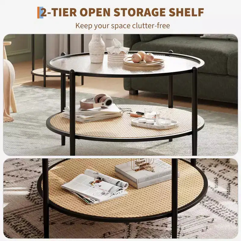 30 Round Rattan Coffee Table with Storage, 2-Tier Water-Wave Glass Center Table for Living Room, Modern Small Black Gold End Table