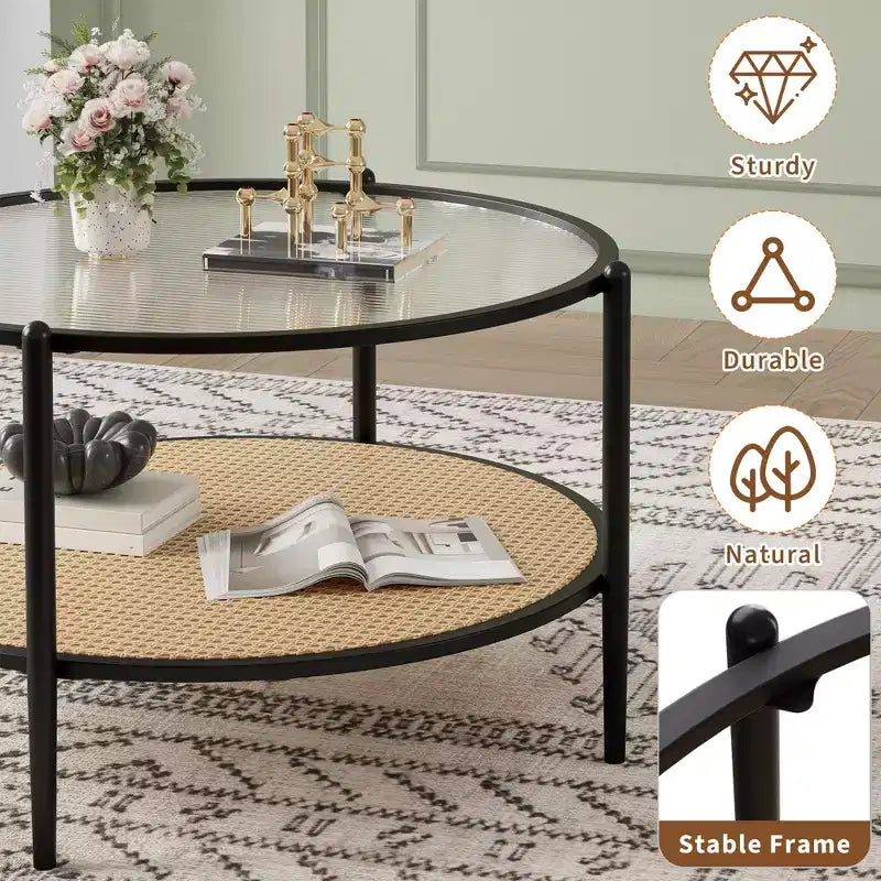 30 Round Rattan Coffee Table with Storage, 2-Tier Water-Wave Glass Center Table for Living Room, Modern Small Black Gold End Table