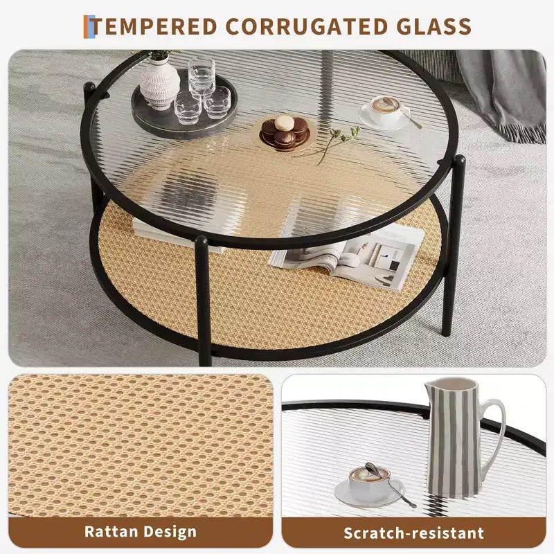 30 Round Rattan Coffee Table with Storage, 2-Tier Water-Wave Glass Center Table for Living Room, Modern Small Black Gold End Table