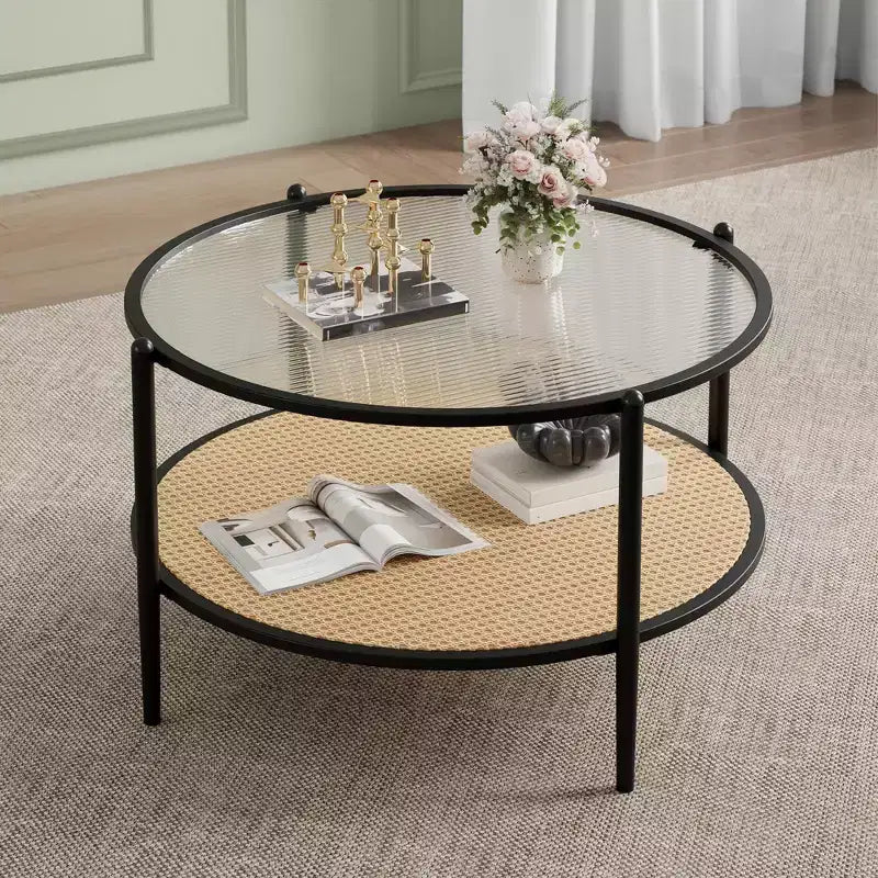30 Round Rattan Coffee Table with Storage, 2-Tier Water-Wave Glass Center Table for Living Room, Modern Small Black Gold End Table
