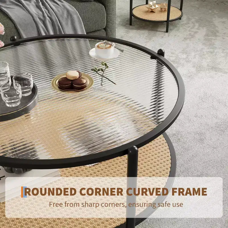 30 Round Rattan Coffee Table with Storage, 2-Tier Water-Wave Glass Center Table for Living Room, Modern Small Black Gold End Table