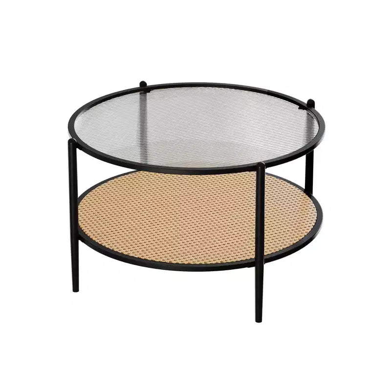 30 Round Rattan Coffee Table with Storage, 2-Tier Water-Wave Glass Center Table for Living Room, Modern Small Black Gold End Table