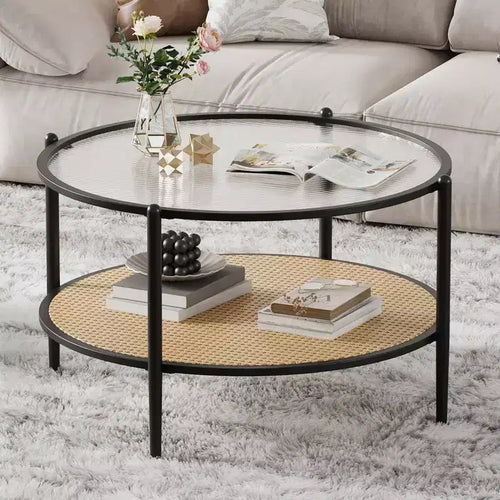 30 Round Rattan Coffee Table with Storage, 2-Tier Circle Water-Wave Glass Center Table for Living Room, Modern Small Circle Black Gold End Table