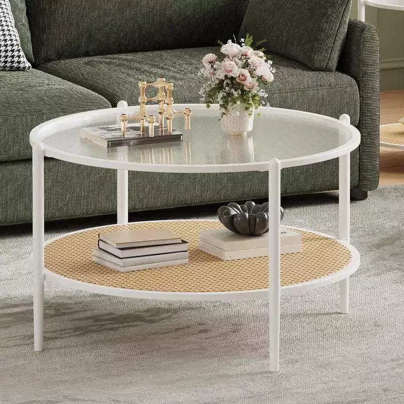 30 Round Rattan Coffee Table with Storage, 2-Tier Water-Wave Glass Center Table for Living Room, Modern Small Black Gold End Table